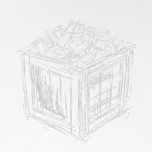 Digital sketch of a large wooden crate overflowing with retro game cartridges